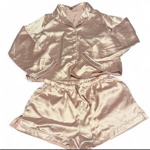 Silky light pink Pajama Set - Women's Satin Short-Sleeve Top & Shorts